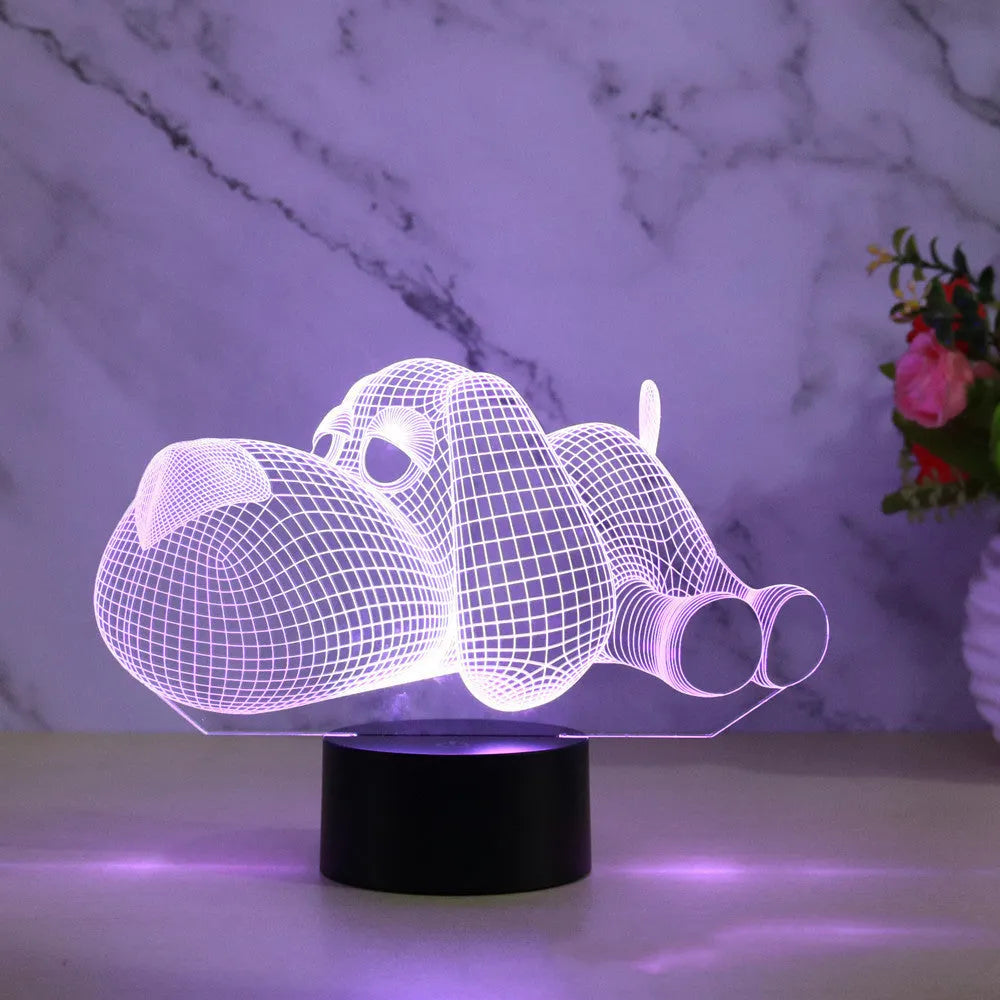 3D illusion dog desktop lamp showing seven colour options with touch button control