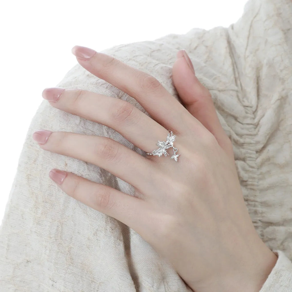 Adjustable silver butterfly ring for women in electroplated gold or white gold colour finish.