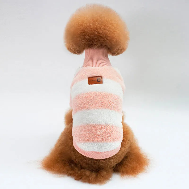 Two-legged coral fleece pet clothes in striped casual style, pink or yellow, sizes S to XXL