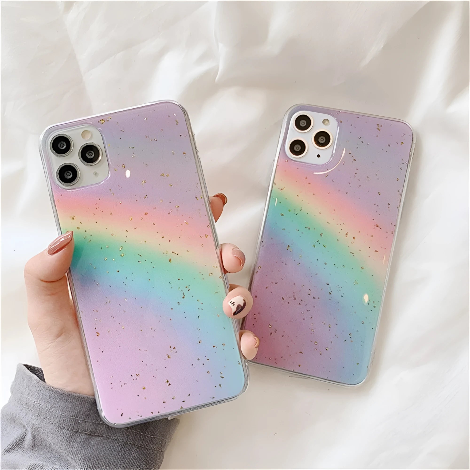 Rainbow gradient iPhone case with horizontal stripes on a white background