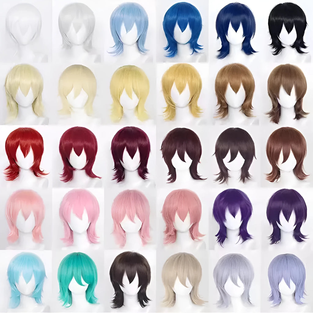 Short black and blue anime cosplay wig for men on a stand