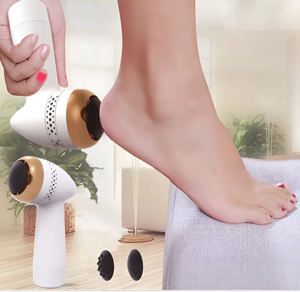 Electric vacuum foot grinder with quartz grinding head in gold and silver colour options.