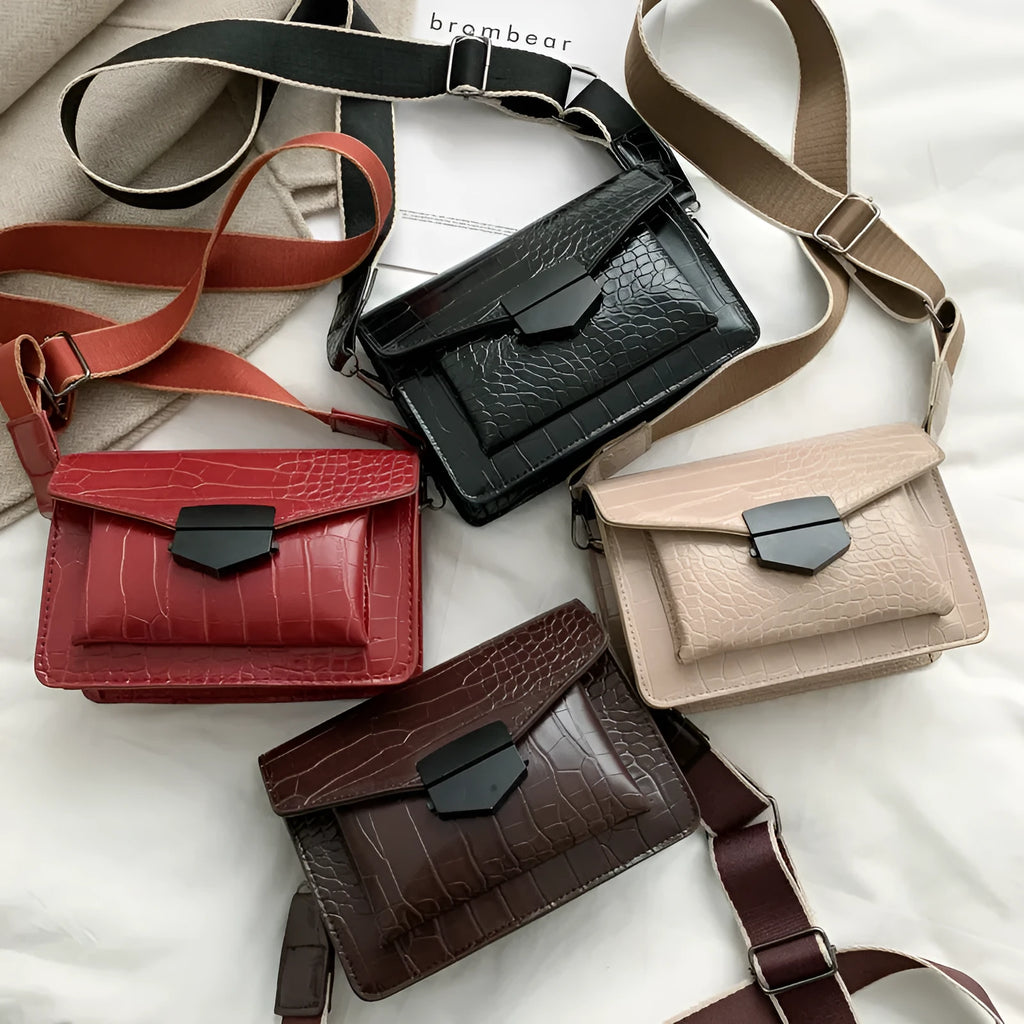 Vintage crossbody bag in PU fabric, dimensions 20cm by 14cm by 7cm, shown in available colours.