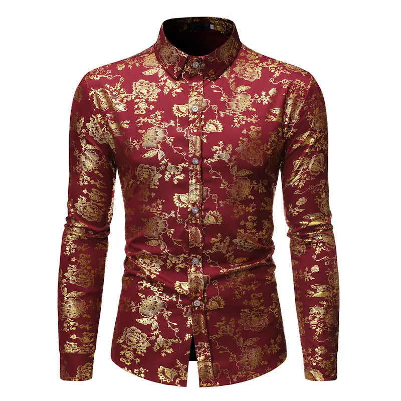 Men's metal bronzing printed lapel shirt in polyester elastic fabric available in four colours