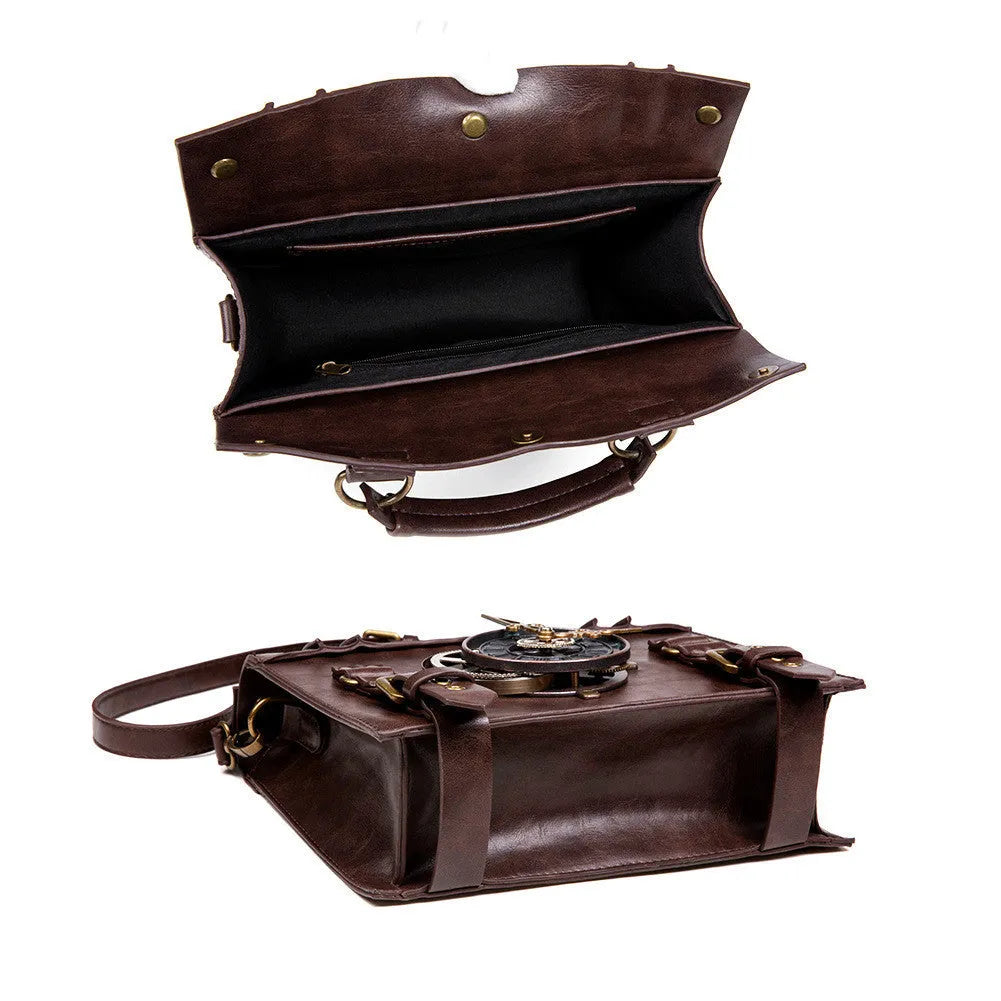 Bronze steampunk industrial retro shoulder bag with pillow shape and metal hardware