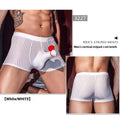 Men's vertical stripe boxer briefs in black nylon fabric showing stretch and pattern detail