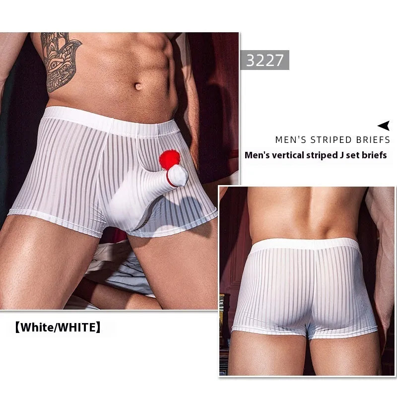Men's vertical stripe boxer briefs in black nylon fabric showing stretch and pattern detail