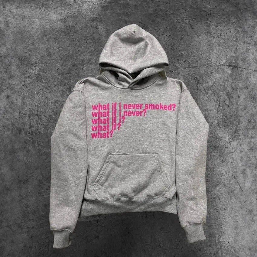 Black hooded sweater with white letter print design, showing front view with hood up