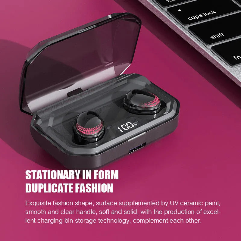 Black Bluetooth wireless headset with charging case showing earpieces stored in compact case
