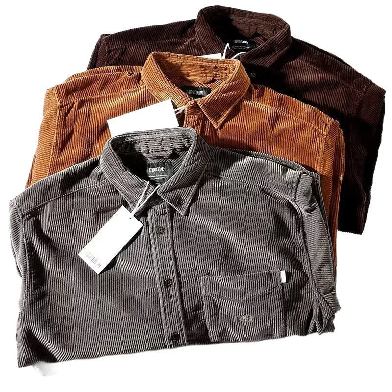 Loose fit long sleeve corduroy shirt in caramel colour with cardigan style