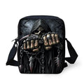 Children's skull pattern messenger bag with double shoulder straps showing internal zipper pocket organisation