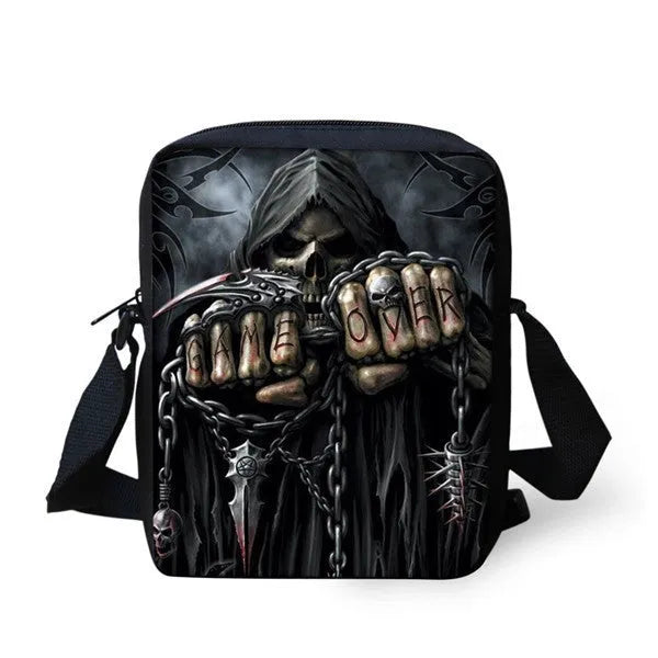 Children's skull pattern messenger bag with double shoulder straps showing internal zipper pocket organisation