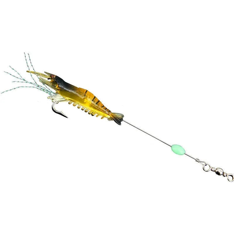 Soft plastic fishing lure with metal hook in black head yellow body colour variant