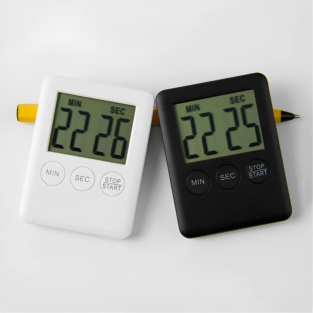 Magnetic kitchen timer with count up and countdown functions in black or white colour options