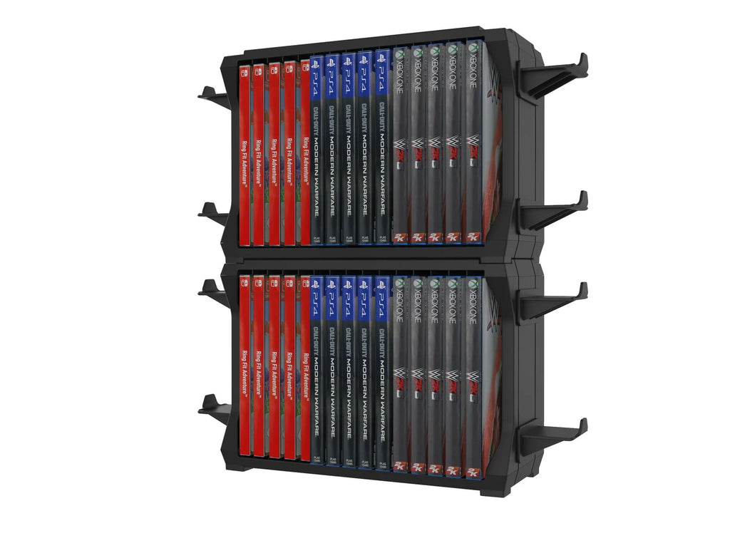Black ABS plastic PS5 and Xbox Series X disc holder with controller storage stand