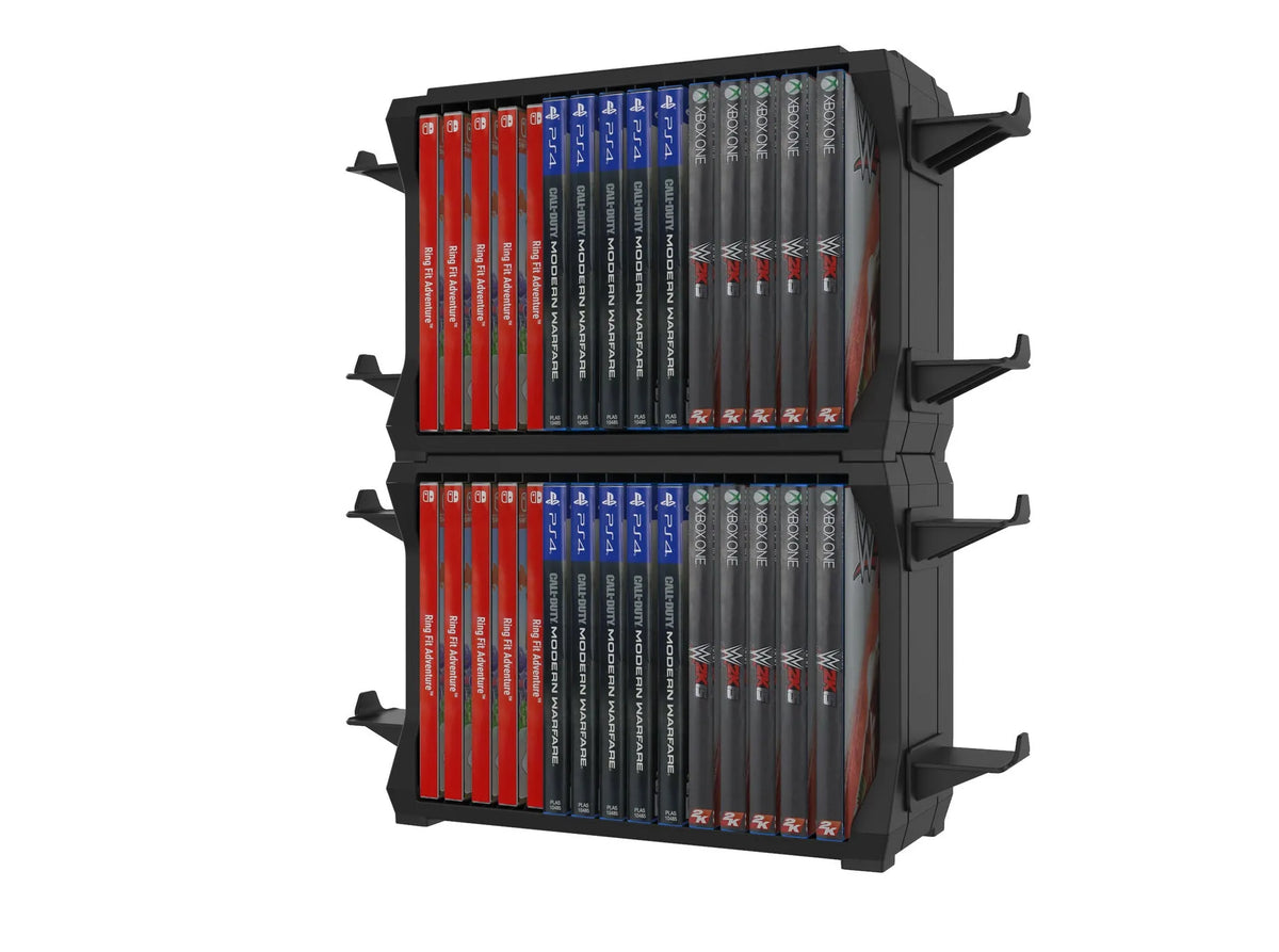 Black ABS plastic PS5 and Xbox Series X disc holder with controller storage stand