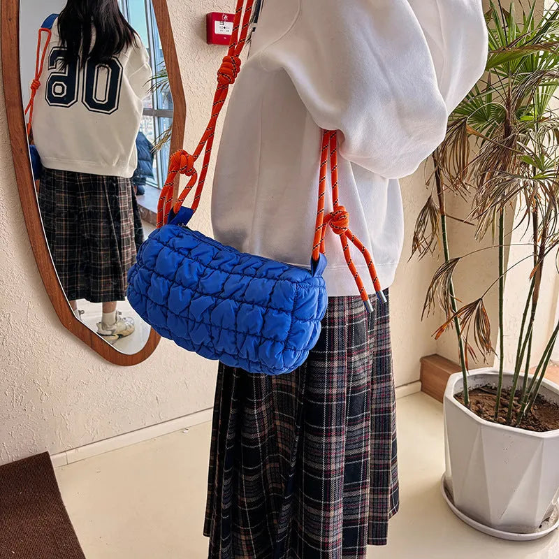 Women's lightweight nylon messenger bag in pillow shape with rhombus pattern