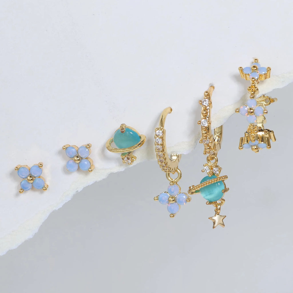 Japanese Korean style flower ear studs with zircon mosaic on copper in gold and silver colours