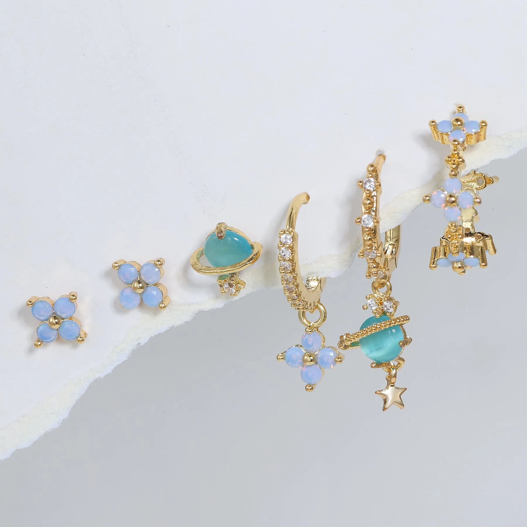 Japanese Korean style flower ear studs with zircon mosaic on copper in gold and silver colours
