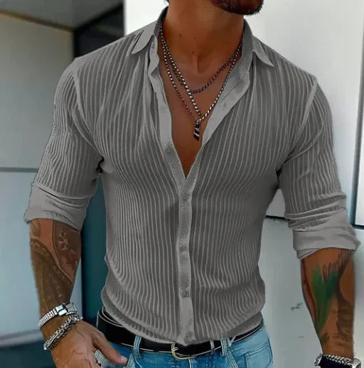 Men's striped cardigan long sleeve shirt with 3D pattern design in chemical fibre blend fabric