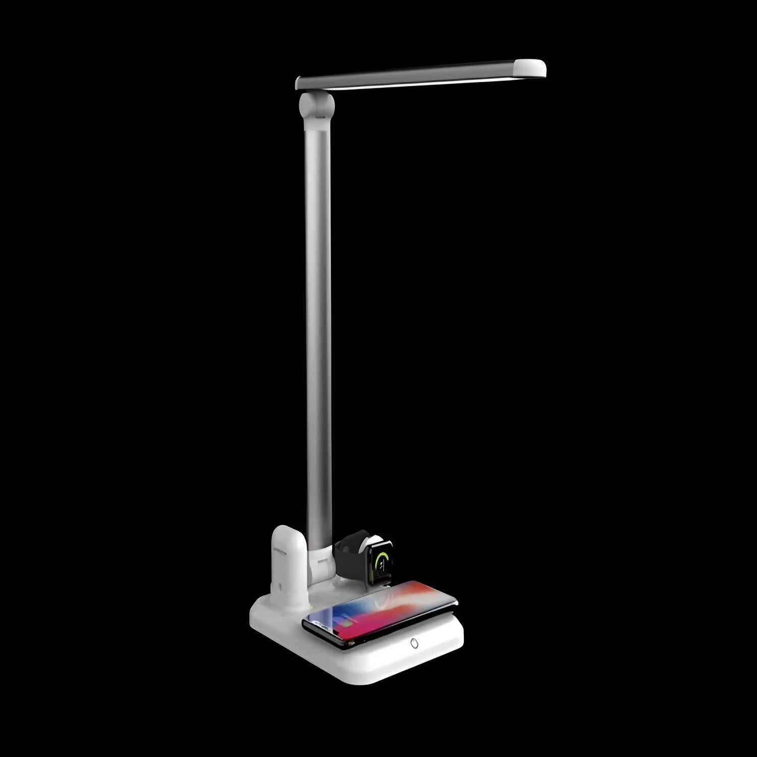 Black and white 4-in-1 LED desk lamp with wireless charging pad and Type-C port