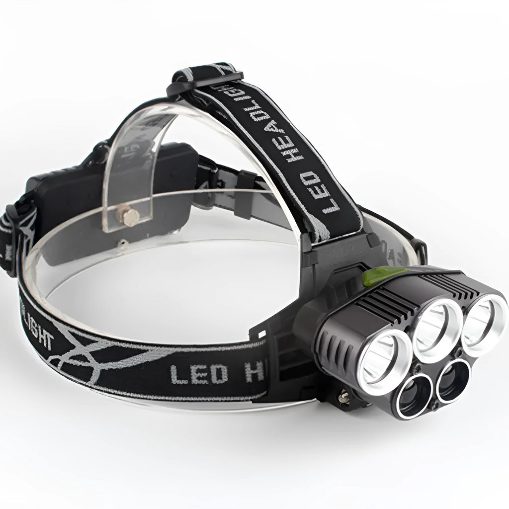 Outdoor head torch with adjustable strap and LED light providing long-range beam for camping