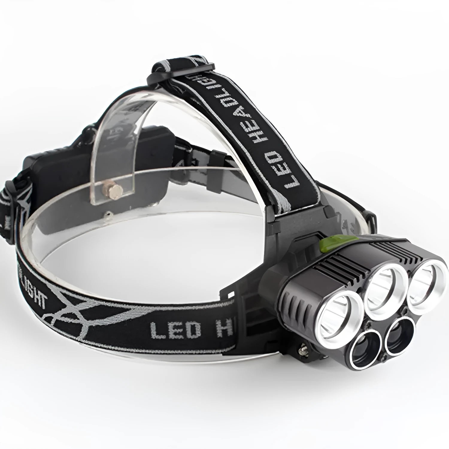 Outdoor head torch with adjustable strap and LED light providing long-range beam for camping