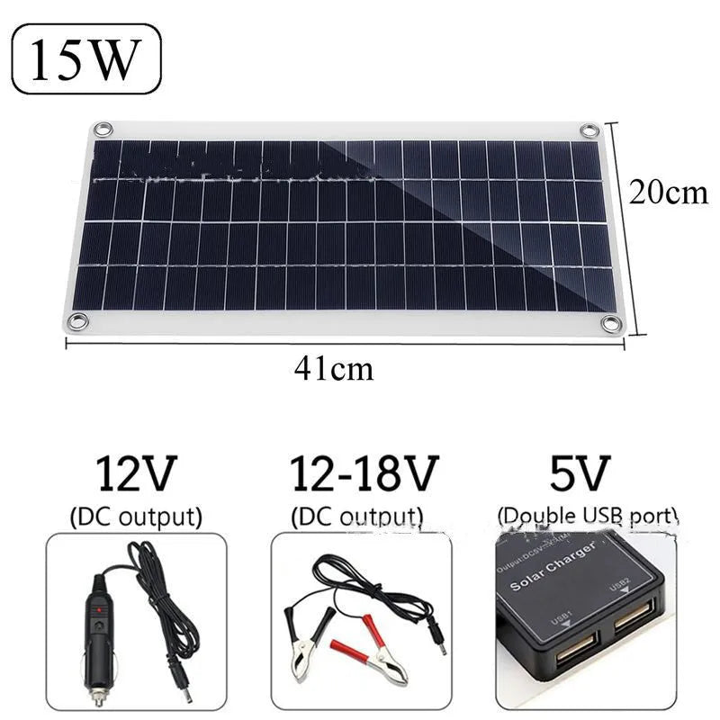 Polycrystalline silicon solar panel with dual USB ports for outdoor charging of mobile phones and tablets.