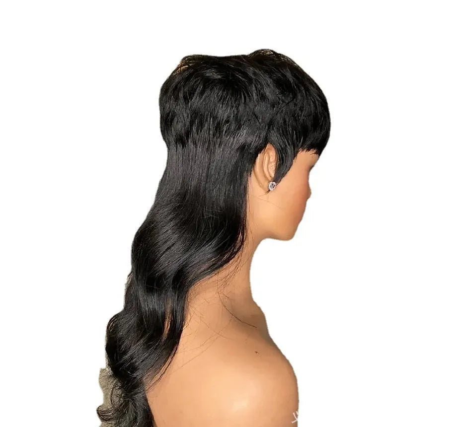 Black Brazilian style wig with short hair at the front and long hair at the back.