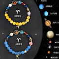 Natural stone beaded zodiac bracelet set showing adjustable elastic cord and twelve astrology sign designs