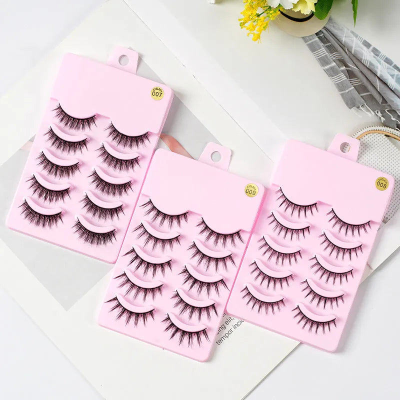 Set of manga-style false eyelashes showing natural wispy styles 007, 008, and 009 on black plastic bands.