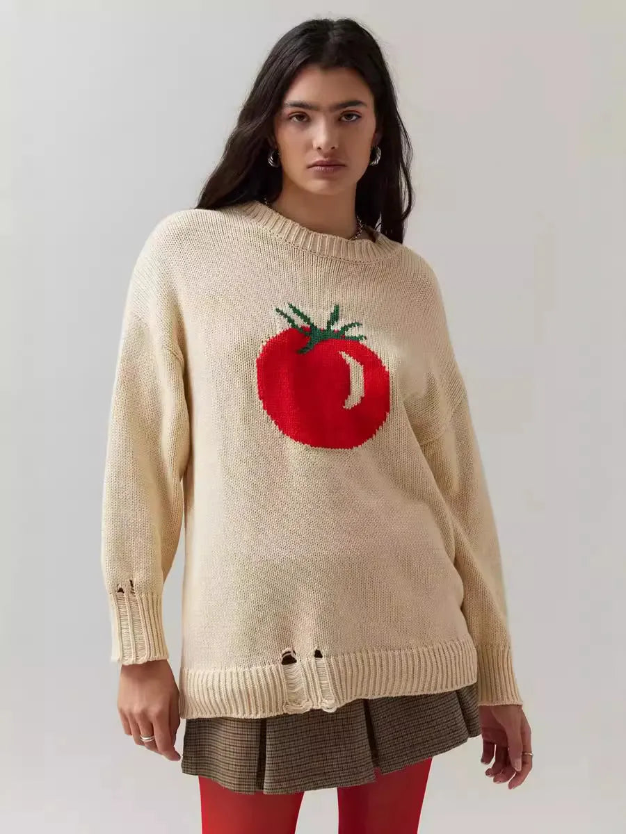 Women's milky white acrylic jacquard knit sweater with round neck and long sleeves