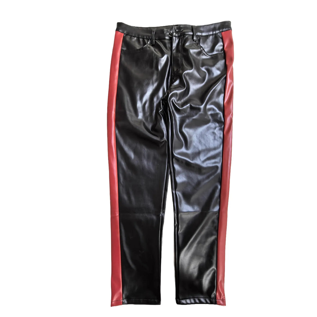 Black PU leather cropped motorcycle trousers, skinny fit, mid waist, button fly, sizes XS-XXL