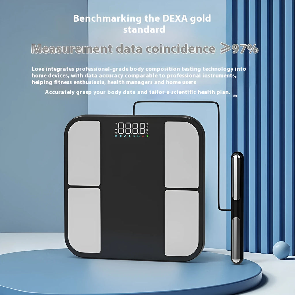 Black electronic weighing scale with tempered glass platform and colour display showing body metrics