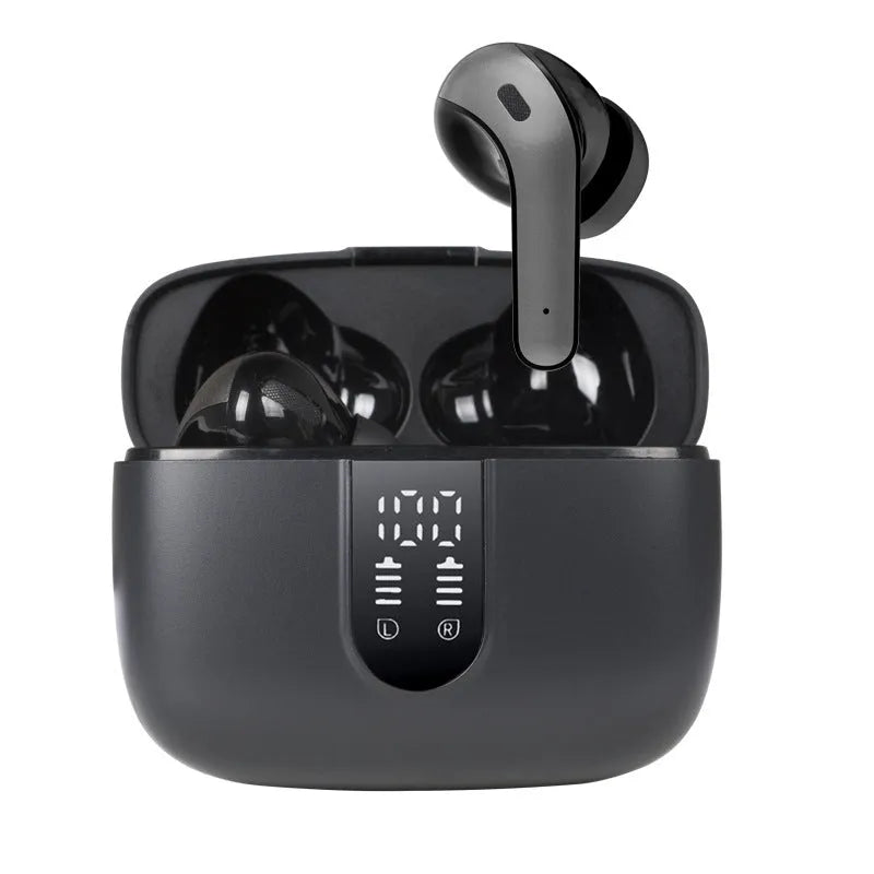 Jerry X08 wireless Bluetooth in-ear headset with digital display and charging case in black colour
