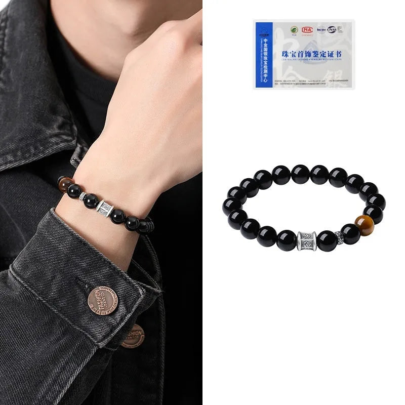 Pure silver obsidian six-word mantra bracelet with hand-woven construction and prayer wheel beads