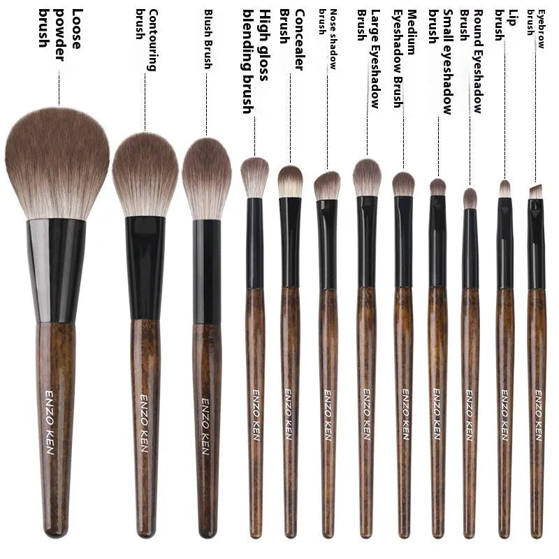 12-piece makeup brush set with wooden handles in PU storage bag