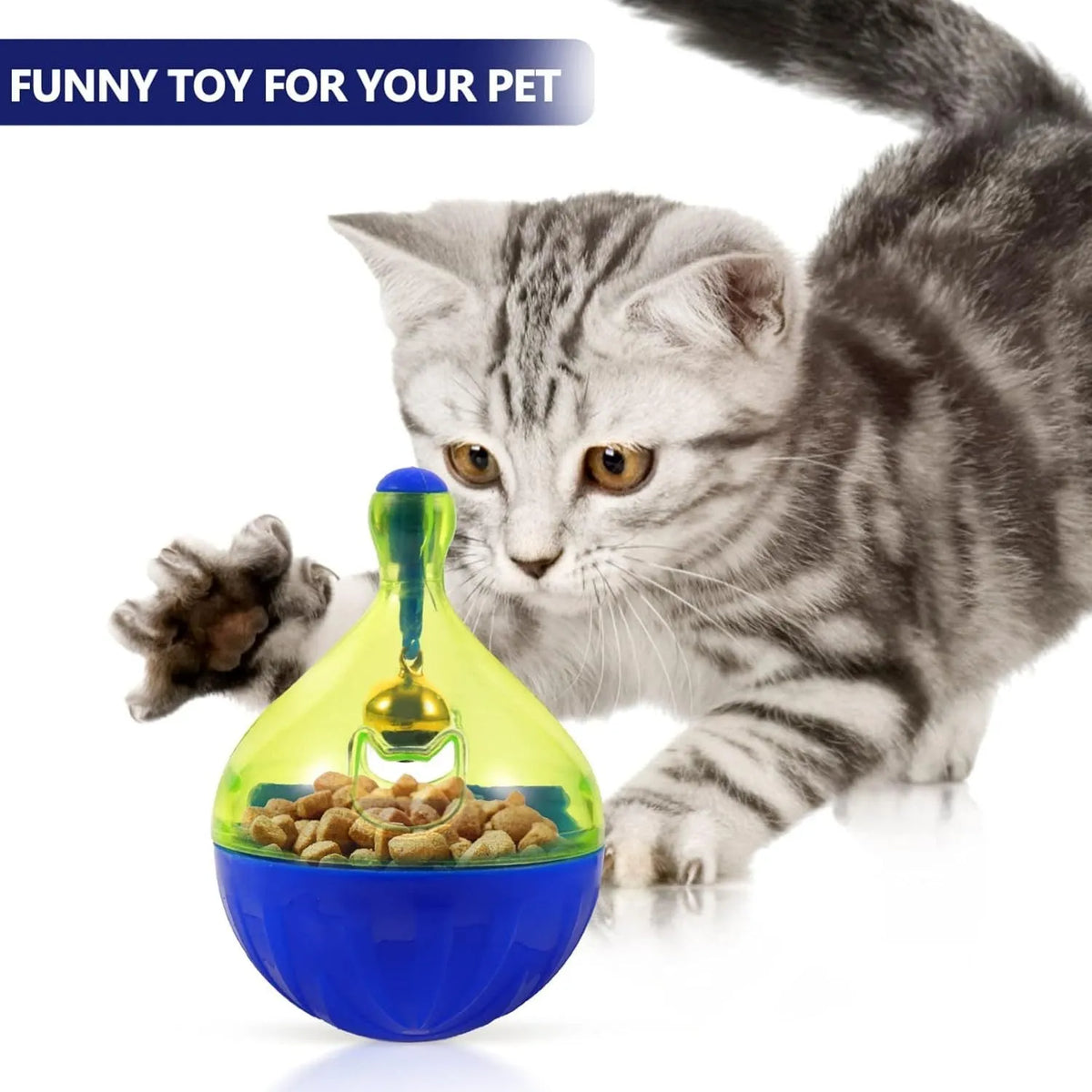 Interactive pet treat tumbler dispenser toy for dogs and cats measuring 14x10x10cm