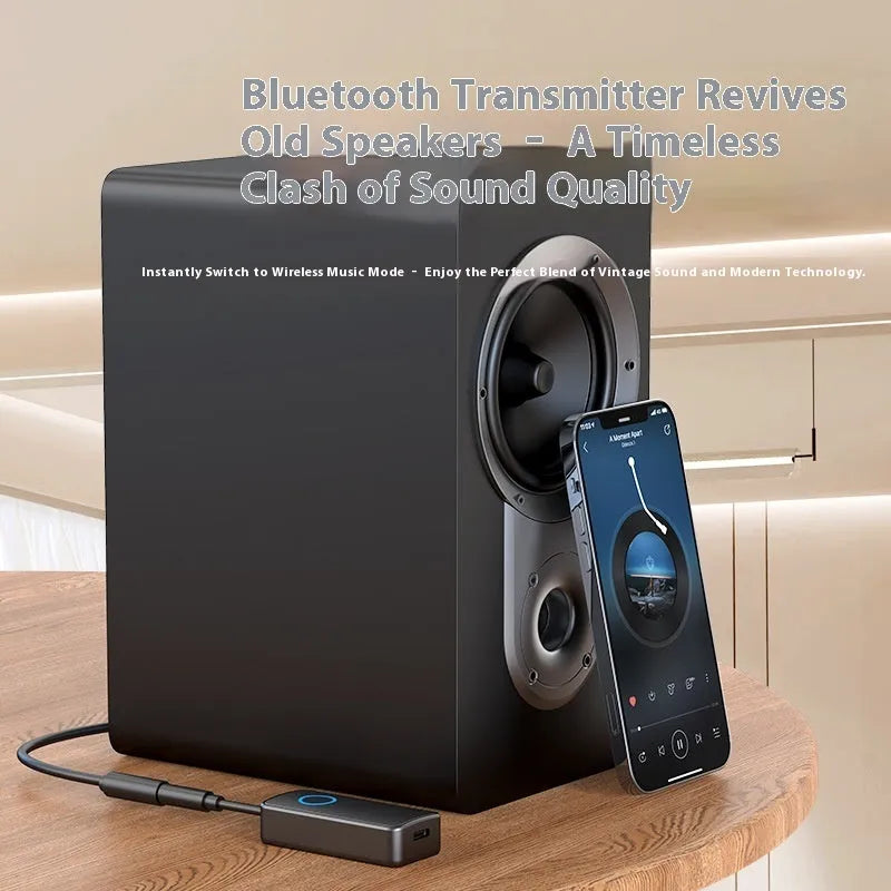Black Bluetooth 5.4 audio adapter with a 3.5mm plug for wireless streaming to car stereos and headphones