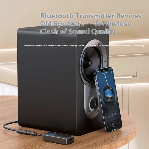 Black Bluetooth 5.4 audio adapter with a 3.5mm plug for wireless streaming to car stereos and headphones