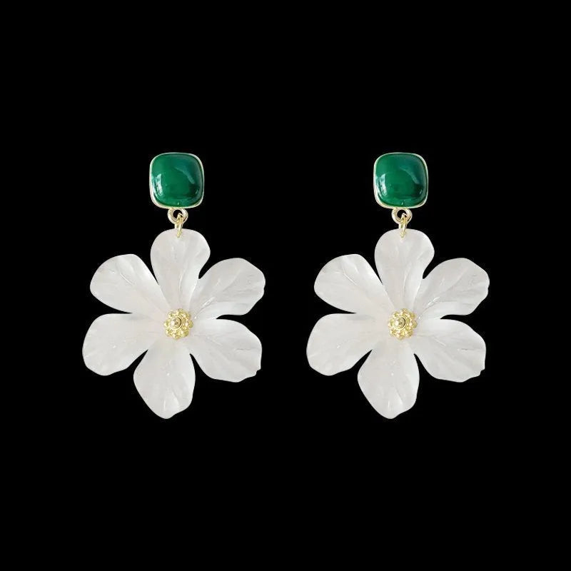 Dark green alloy earrings with needle flower design for women