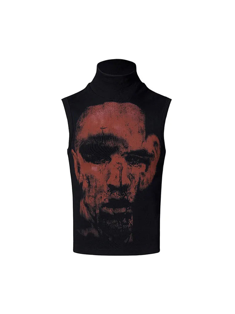 Black and white sleeveless t-shirt with half-turtleneck collar and character print, slim fit.