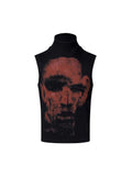 Black and white sleeveless t-shirt with half-turtleneck collar and character print, slim fit.