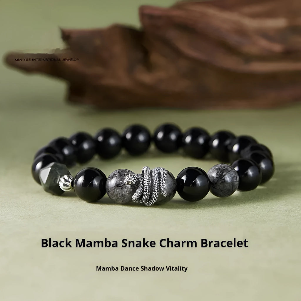 Men's black obsidian snake bracelet in S925 sterling silver with crystal hair detailing