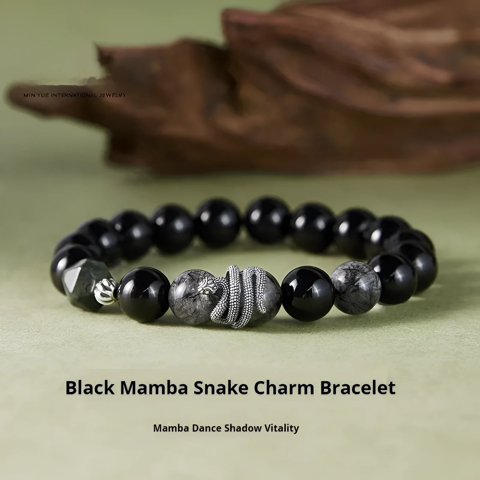 Men's black obsidian snake bracelet in S925 sterling silver with crystal hair detailing