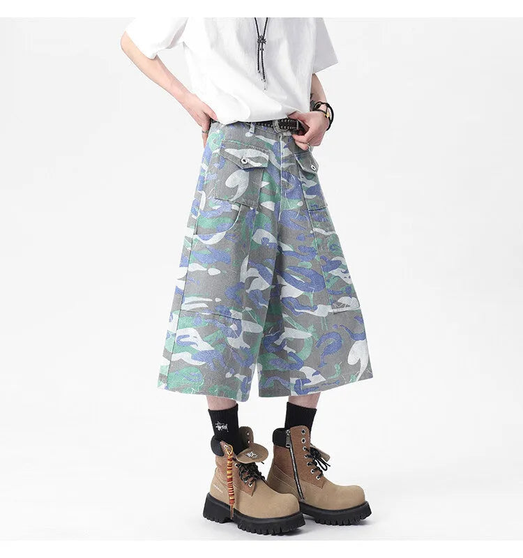 Camouflage cotton denim cropped trousers with straight leg cut and utility pockets