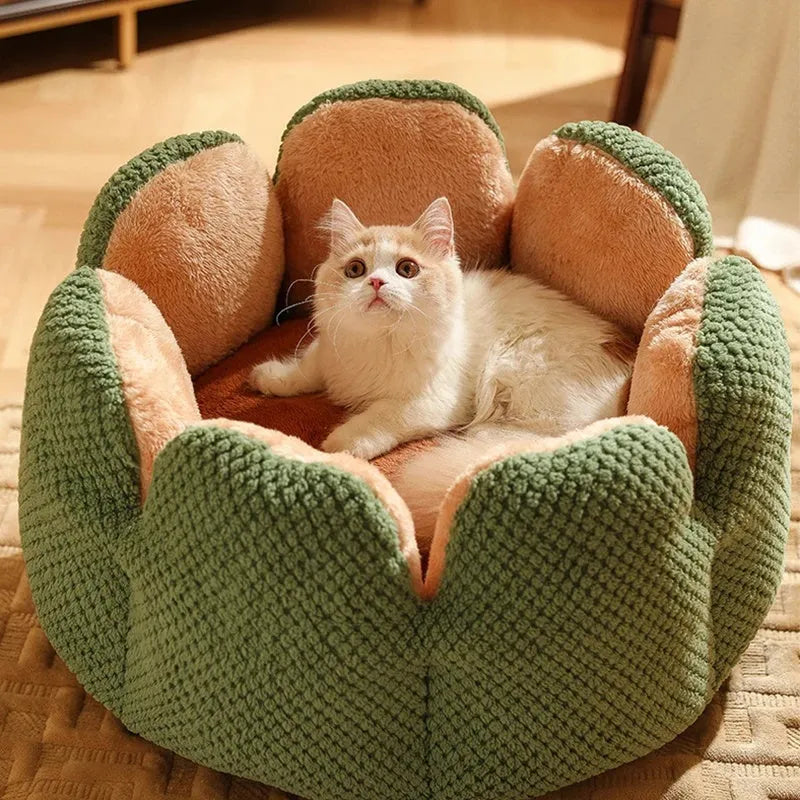 Green cactus petal shape pet kennel bed with soft plush material and non-slip bottom