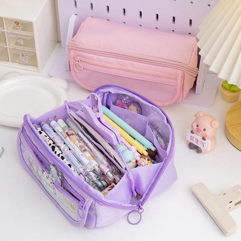 Korean-style canvas pencil case with ten compartments for pen organisation in six colour options