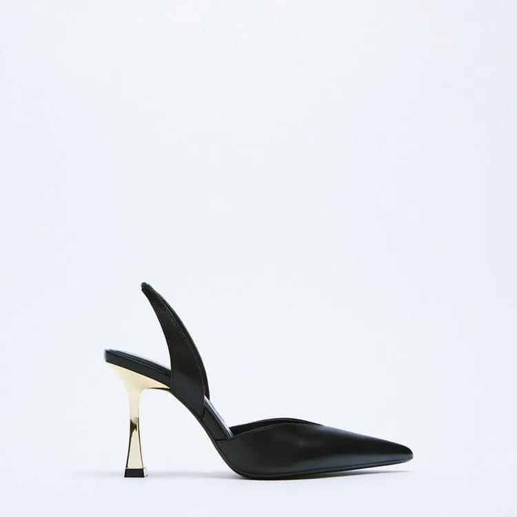 Women's nude pointed patent leather high heels in apricot and black colours with shallow mouth design
