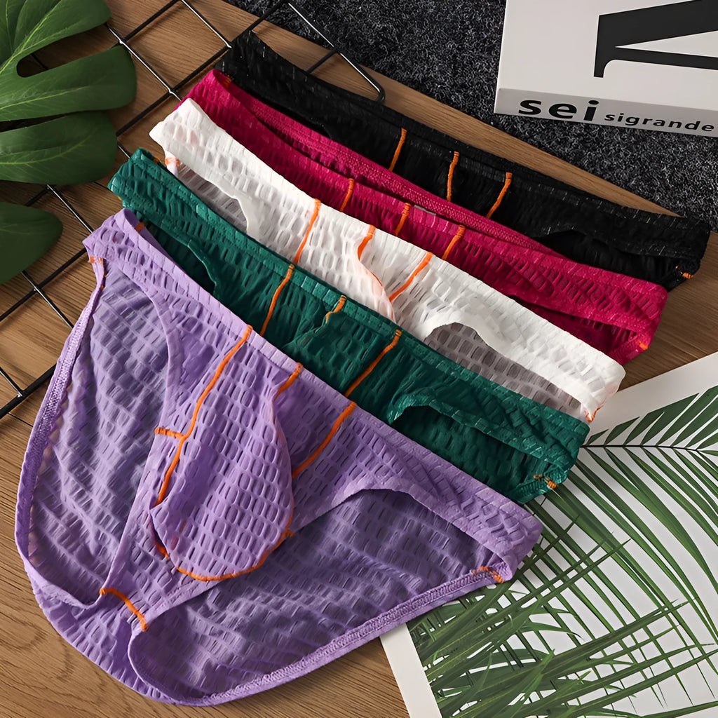 Men's ice silk lace low waist briefs on a white background, shown in multiple colour options.